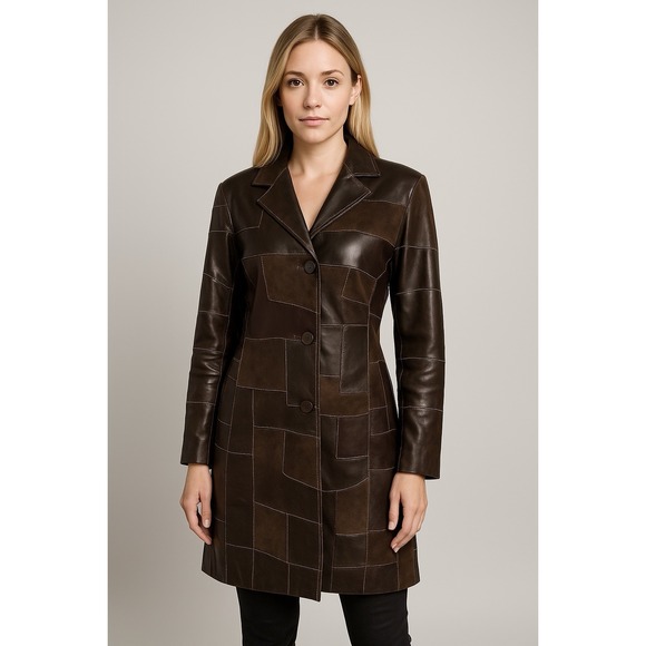 Elements of Vakko Jackets & Blazers - Elements by Vakko Coat M Brown Leather Patchwork Hippie Boho Chic Retro 70s